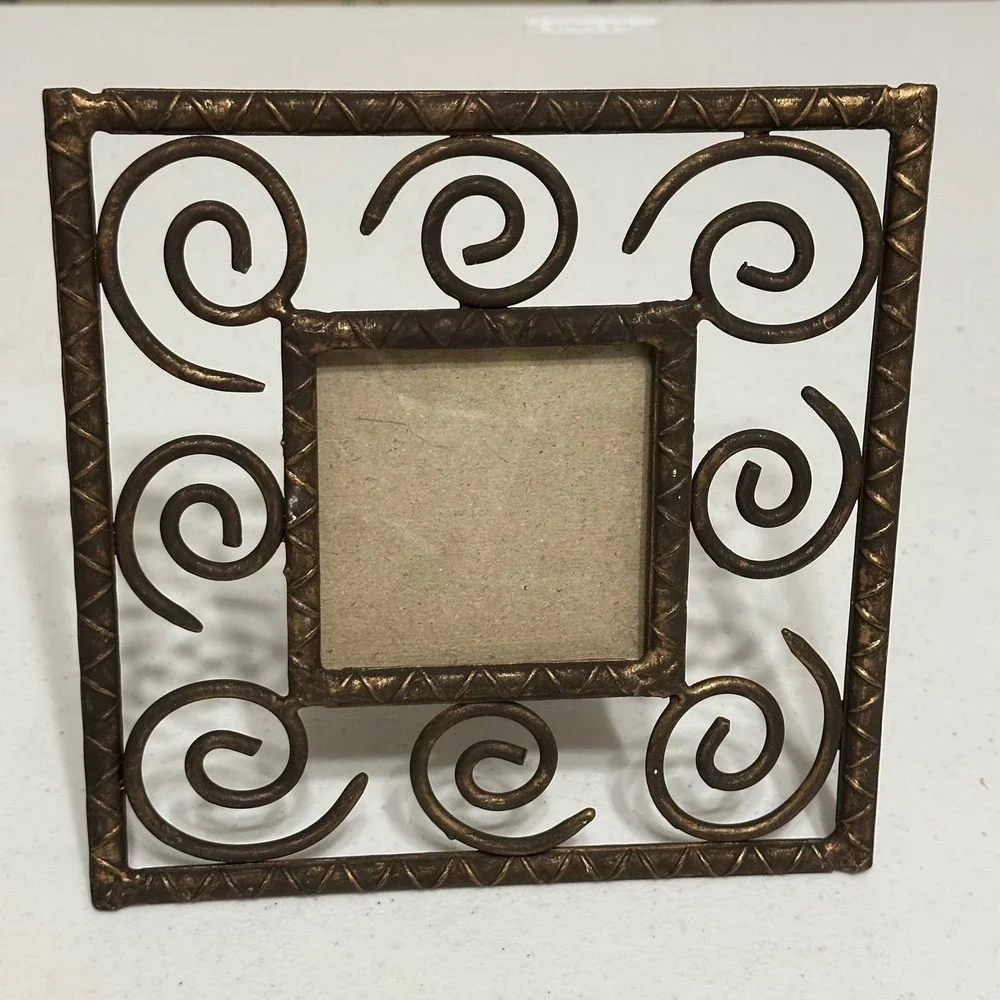 Scrollwork Metal Picture Frame Bronze Tone Square Tabletop Rustic Boho Decor